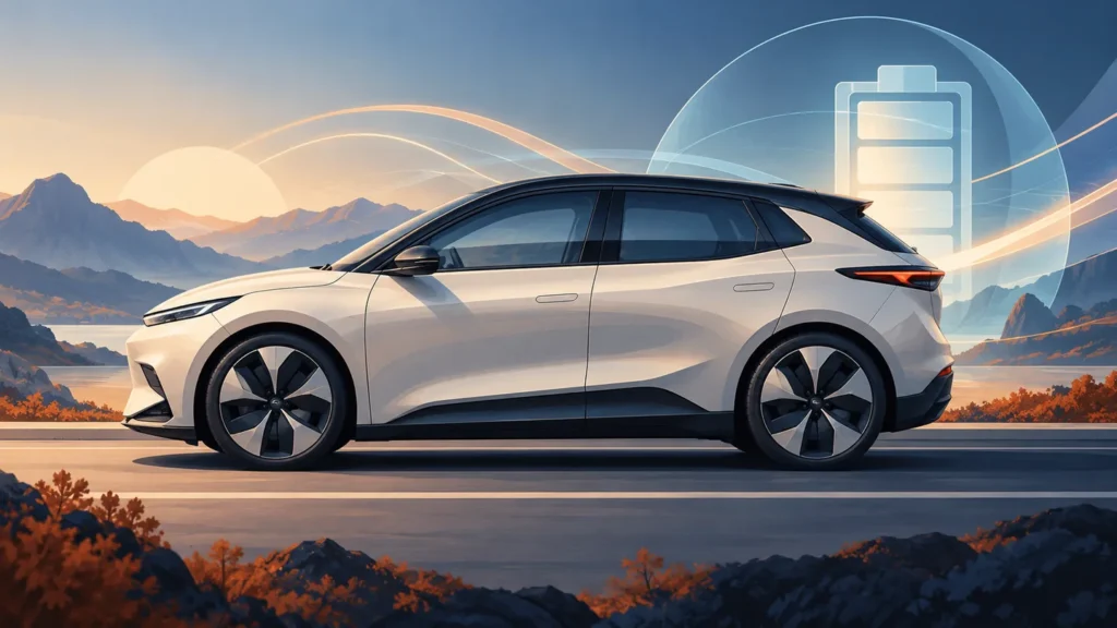 Illustration d’une voiture électrique avec un symbole de batterie dans un paysage montagneux.