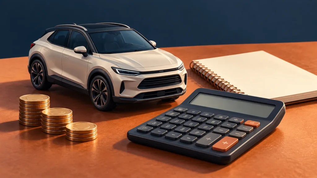 Illustration d’une petite voiture, d’une calculatrice et de pièces sur un bureau.