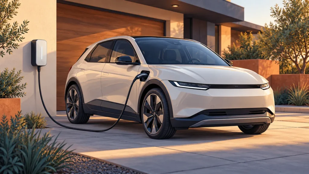 Illustration d’une voiture électrique reliée à une borne murale dans une allée résidentielle.