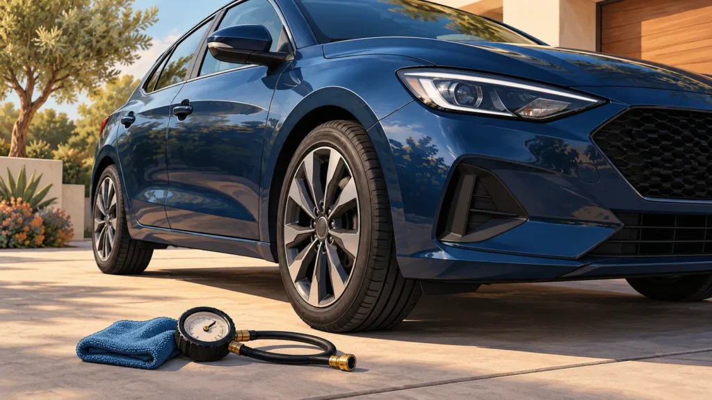 Illustration d’une voiture bleue avec un manomètre posé près de son pneu.